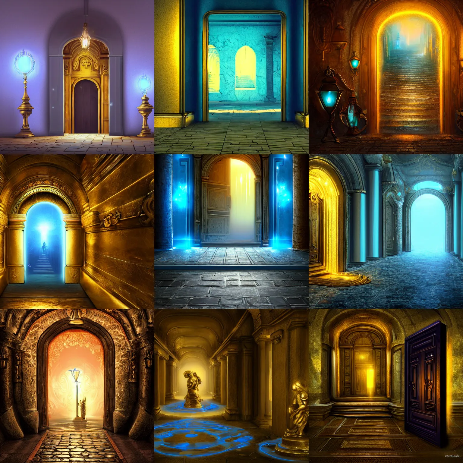 Prompt: path, door, statues, gold, blue lighting, fantasy, digital art, HD, detailed, 4k