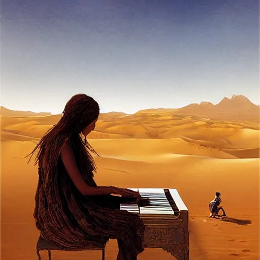 Image similar to UHD photorealistic Mummy playing piano in the desert by Greg Rutkowski