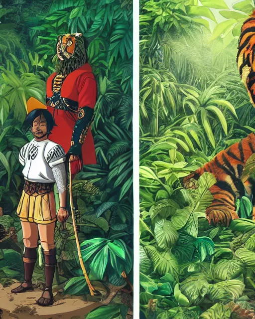 Image similar to portrait of a conquistador in a jungle, with a pet tiger, by nicola saviori, and dan mora, studio ghibli color scheme, highly detailed