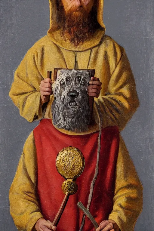 Prompt: Slavic dog head man, woolen torso in medieval clothes, Orthodox Saint Christopher, oil painting, holding axe, hyperrealism, beautiful, high resolution, trending on artstation,