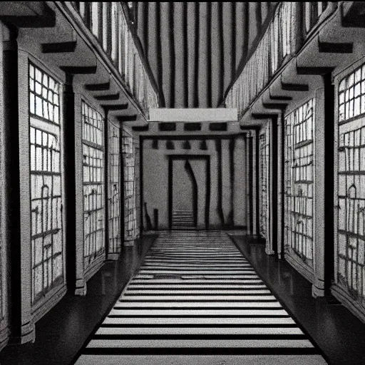 Image similar to a terrifying dark hallway with many doors and many stairs, impending doom, horror, Mc Escher architecture, epic composition, anime key visual