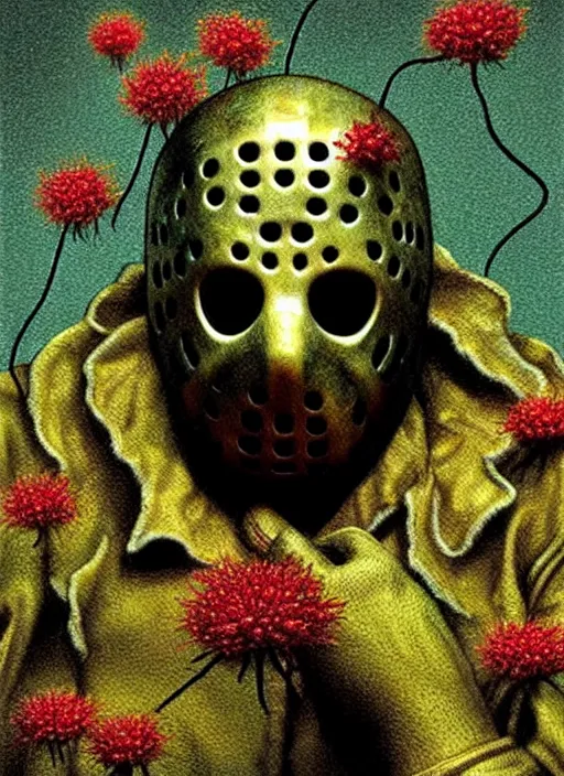 Image similar to hyper detailed 3d render like a Oil painting - Jason Voorhees (Friday the 13th) seen Eating of the Strangling network of yellowcake aerochrome and milky Fruit and Her delicate Hands hold of gossamer polyp blossoms bring iridescent fungal flowers whose spores black the foolish stars by Jacek Yerka, Mariusz Lewandowski, Houdini algorithmic generative render, Abstract brush strokes, Masterpiece, Edward Hopper and James Gilleard, Zdzislaw Beksinski, Mark Ryden, Wolfgang Lettl, hints of Yayoi Kasuma, octane render, 8k