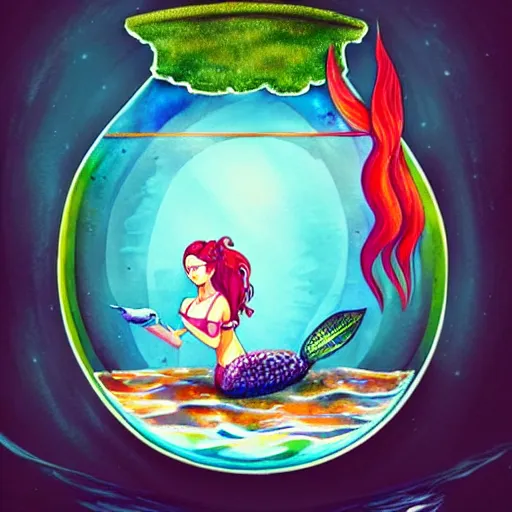 Prompt: watercolor marker drawing of a mermaid sitting in a fish bowl, a storybook illustration by cyril rolando, featured on pixiv, pop surrealism, fisheye lens, anime