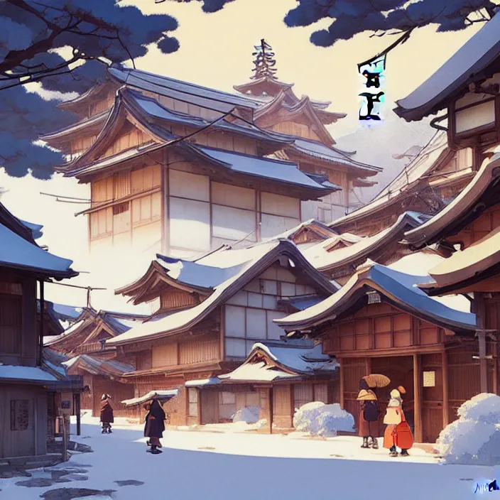 Image similar to japanese rural town, winter, in the style of studio ghibli, j. c. leyendecker, greg rutkowski, artem