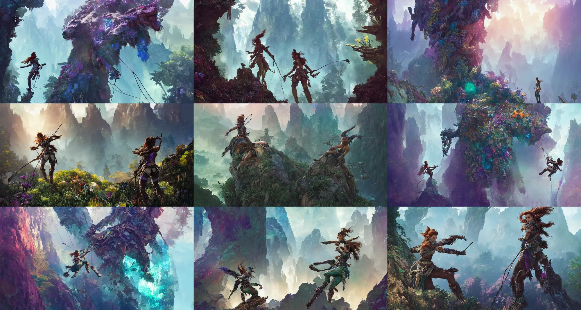 Prompt: portraits of adventurers climbing a mountain made of rainbow gemstones and crystal and glass, refraction and reflection, iridescent, lush and overgrown, fantasy, horizon zero dawn 2, intricate, elegant, highly detailed, digital painting, artstation, concept art, matte, sharp focus, illustration, art by ruan jia and conrad roset and bouguereau,