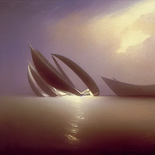 Prompt: minimalist futuristic zaha hadid sailboat painting by ivan aivazovsky