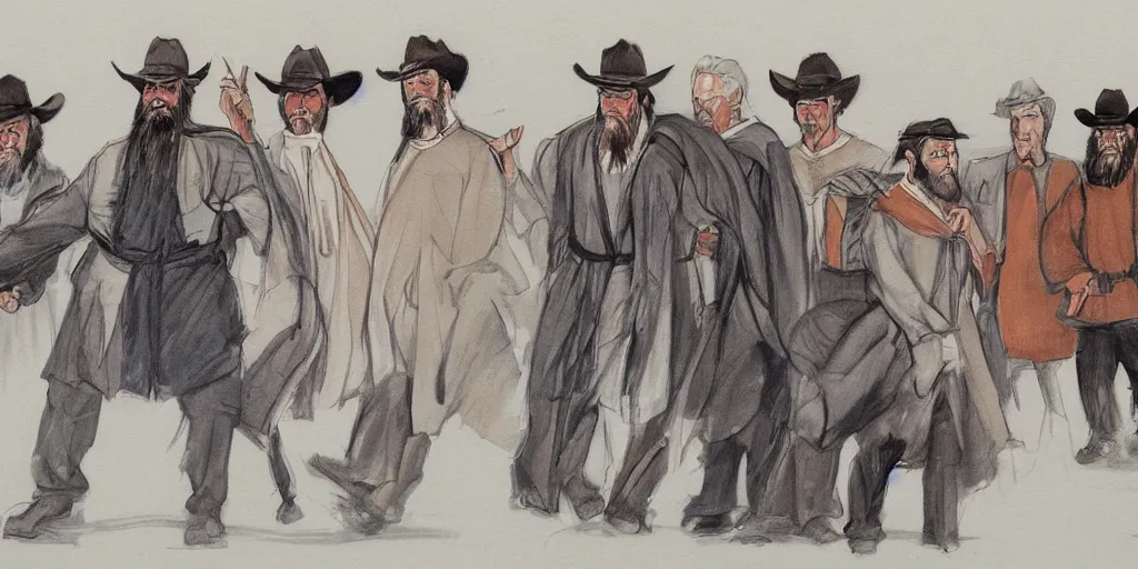 Prompt: Confucius and jury trial of cowboys in the american courtroom sketch by Christine Cornell by Batton Lash by John M. Downs by Leo Hershfield, judge with face of clint eastwood, concept art