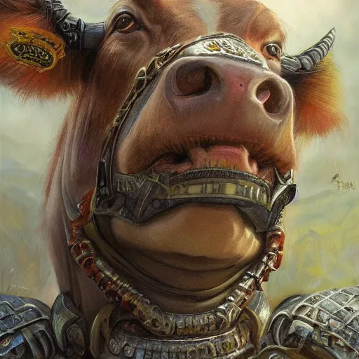 Image similar to cow as a realistic fantasy knight, closeup portrait art by donato giancola and greg rutkowski, realistic face, digital art, trending on artstation, symmetry!!