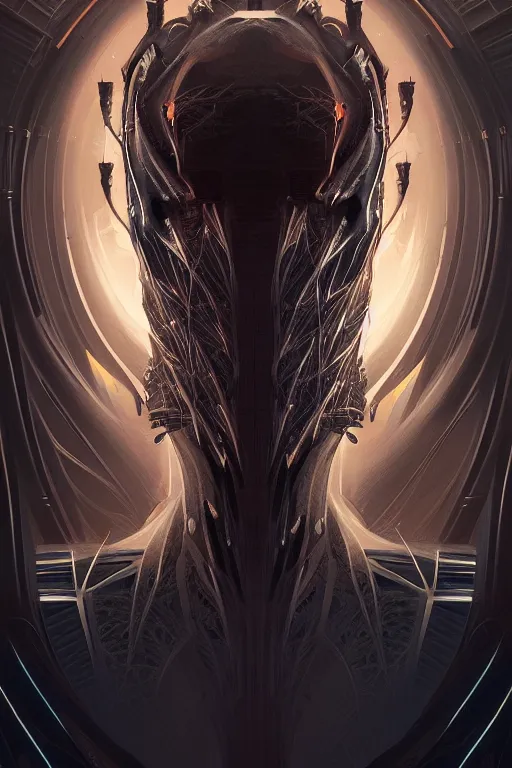 Image similar to professional concept art symmetrical portrait of a horrendous mechanical predatory fractal! species in a dark room by artgerm and greg rutkowski. an intricate, elegant, highly detailed digital painting, concept art, smooth, sharp focus, illustration, in the style of cam sykes.
