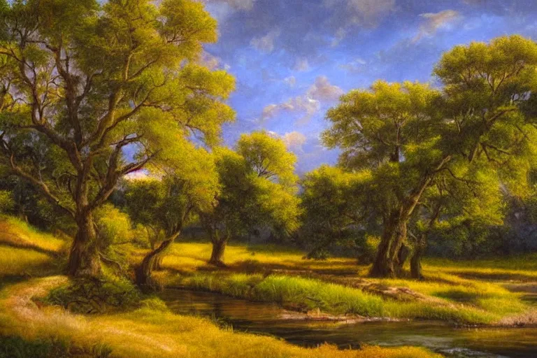 Image similar to masterpiece painting of oak trees on a hillside overlooking a creek, dramatic lighting