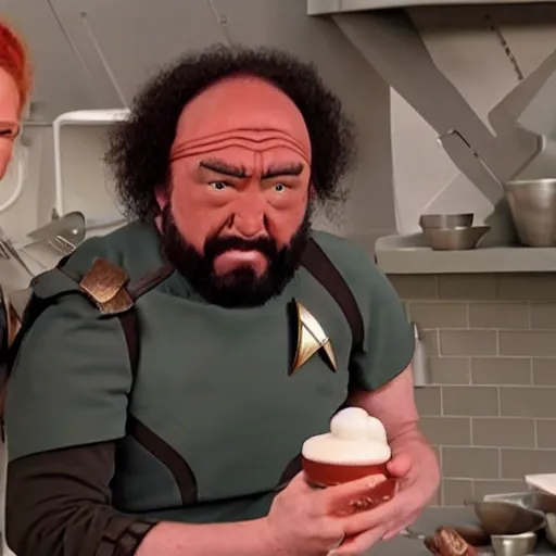 Prompt: Klingons!!! from Star Trek in a baking competition, still from The Great British Baking Show