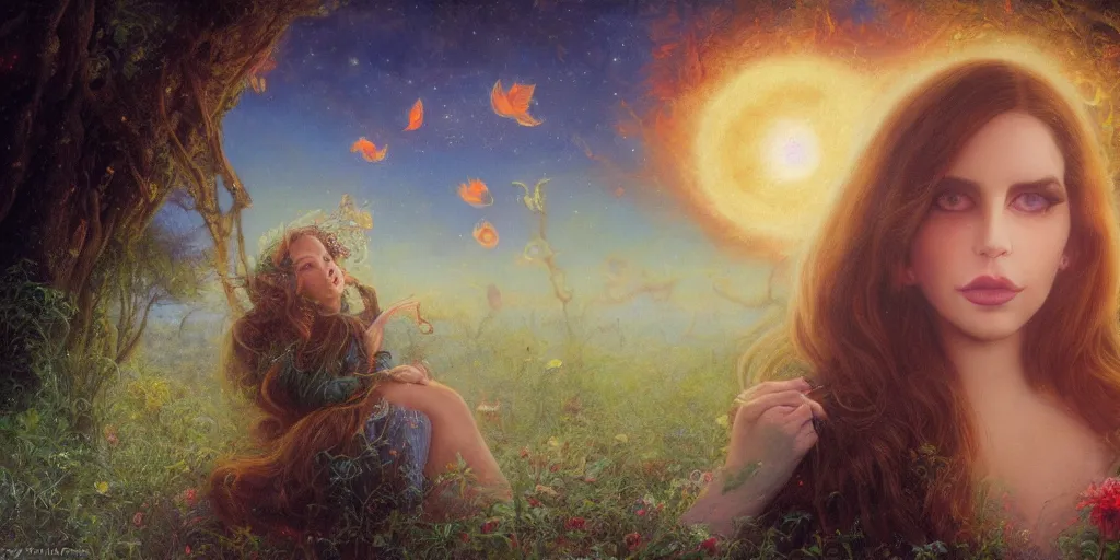 Image similar to big-eyed Lana Del Rey staring into the camera, sundown misty firefly wisps, Lilia Alvarado, Sophie Anderson, Mark Arian, Bob Byerley, Charlie Bowater, Mark Brooks, Steve Henderson, Justin Gerard, Arthur Hughes, Edward Robert Hughes, Mark Keathley, Victor Nizovtsev, Carlos Shwabe, Ross Tran, WLOP