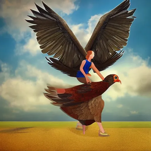 Image similar to Digital art of a woman riding a giant pigeon in the sky