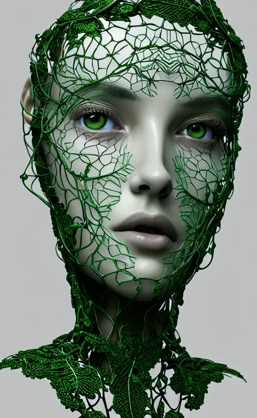 Image similar to complex 3d render ultra detailed of a beautiful porcelain profile woman face, green hazel eyes, vegetal dragon cyborg, 150 mm, beautiful natural soft light, rim light, silver niobium details, magnolia big leaves and stems, roots, fine lace, maze like, mandelbot fractal, anatomical, facial muscles, cable wires, microchip, elegant, white metallic armor, octane render, black and white, H.R. Giger style