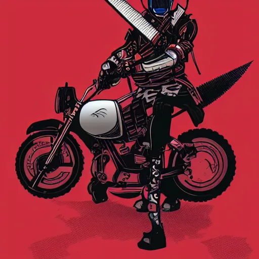 Image similar to An illustration of a mechanical punk motorcyclist carrying a samurai sword next to a black wolf on a red background, by matt griffin