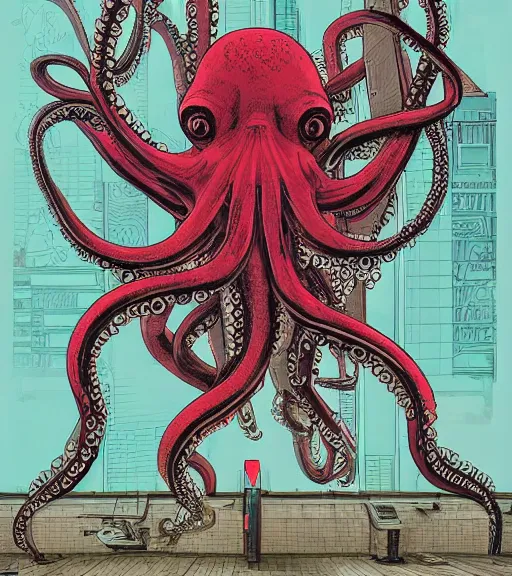 Prompt: a cybernetic octopus in a floating podium, techwear, Industrial Scifi, detailed illustration, character portrait, graffiti art by Martin Grip and Moebius