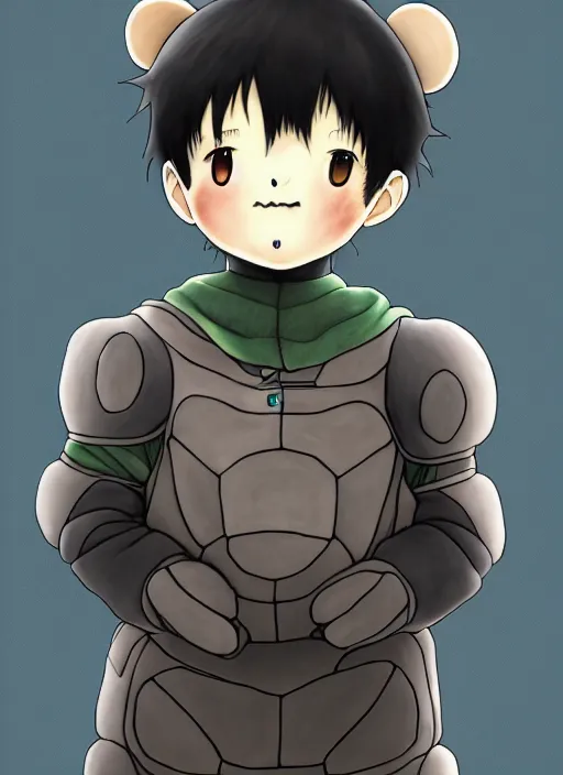 Image similar to beautiful little boy wearing an cyborg bear suit, artwork in kentaro miura and made in abyss and rosdraws, smooth, beautiful lightness, anatomically correct, trending on pixiv, forest