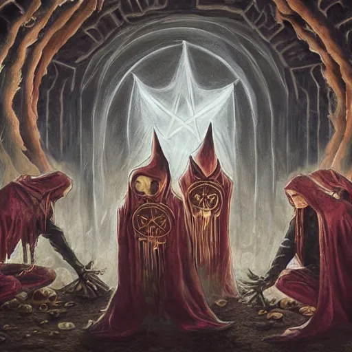 Image similar to painting of evil occult ritual with hooded cult members worship demonic shrine, ultra realistic, concept art, intricate details, eerie highly detailed