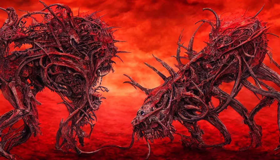 Prompt: two demons embracing each other emerging from corpses in a red hellscape covered in blood by Yoshitaka Amano, by HR Giger, full body wide shot, biomechanical, 4k, hyper detailed, hyperrealism, anime, red sky, blood and body parts, deviantart, artstation