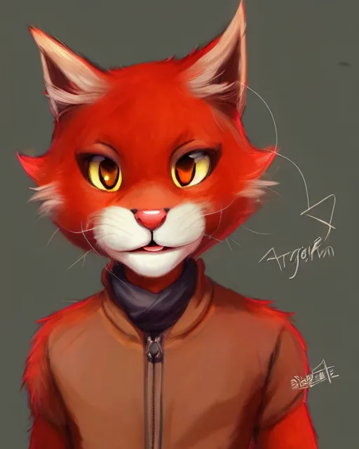 Image similar to character concept art of a cute young male anthropomorphic furry red cat | | cute - fine - face, pretty face, key visual, realistic shaded perfect face, fine details by stanley artgerm lau, wlop, rossdraws, james jean, andrei riabovitchev, marc simonetti, and sakimichan, trending on artstation