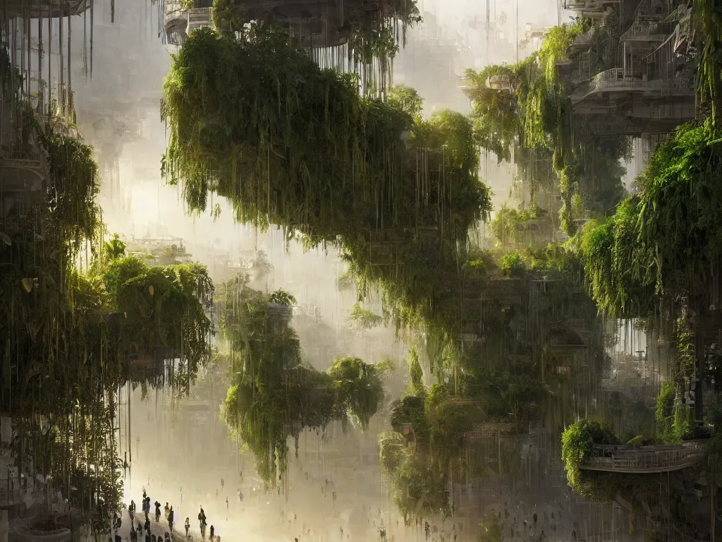 Image similar to the green city of babylon with its wonderful hanging gardens at dawn, intricate, elegant, volumetric lighting, digital painting, highly detailed, artstation, sharp focus, illustration, concept art, ruan jia, steve mccurry