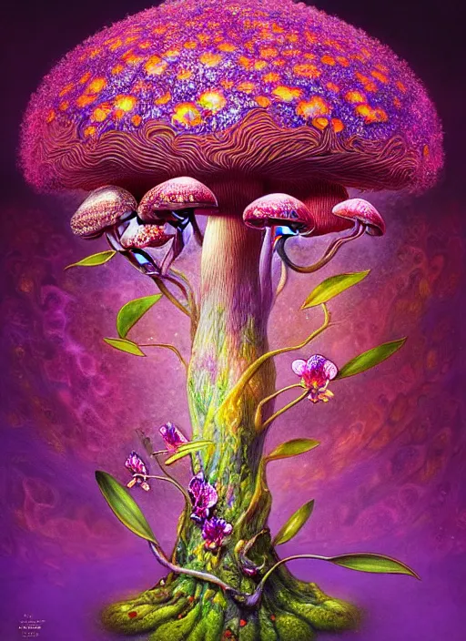 Prompt: extremely psychedelic organic shman made of orchid and cherry blossom tree and mushroom, diffuse lighting, fantasy, intricate, elegant, highly detailed, lifelike, photorealistic, digital painting, artstation, illustration, concept art, smooth, sharp focus, art by John Collier and Albert Aublet and Krenz Cushart and Artem Demura and Alphonse Mucha