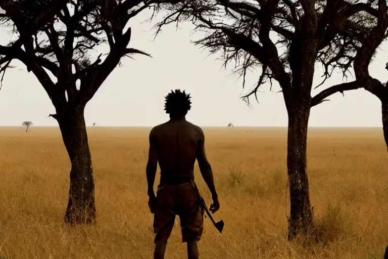Prompt: cinematography African tribe hunting in the savanna by Emmanuel Lubezki