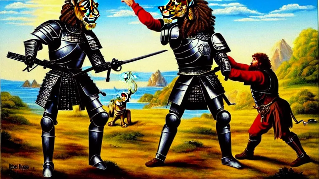 Image similar to fully armored knight wielding an automatic weapon fighting a lion in a medieval setting, painted by bob ross