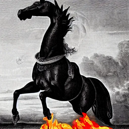 Prompt: the flaming horse overcomes the queen of the palace