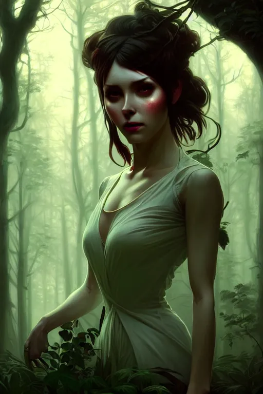 Image similar to beautiful digital painting of a stylish horror female forest with high detail, 8 k, stunning detail, works by artgerm, greg rutkowski and alphonse mucha, unreal engine 5, 4 k uhd