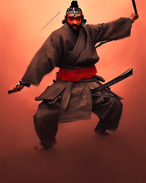 Image similar to portrait of karl - anthony towns as a ronin samurai, wearing a haori, by wlop and peter mohrbacher, dramatic action pose, extremely detailed shading, concept art, digital painting, trending on artstation, atmosphere, glow, cinematic lighting, full of color