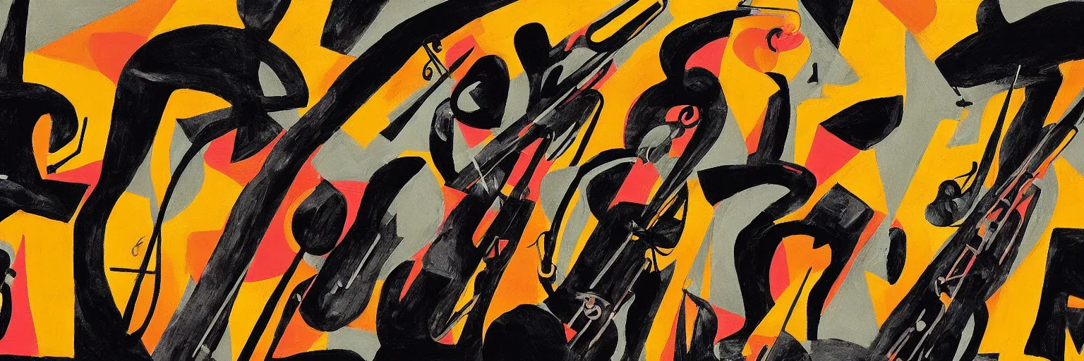 Image similar to visual representation of be - bop jazz music, dark colors, blurry, highly abstract, unreal, insightful, philosophical, jazz instruments, moma museum,