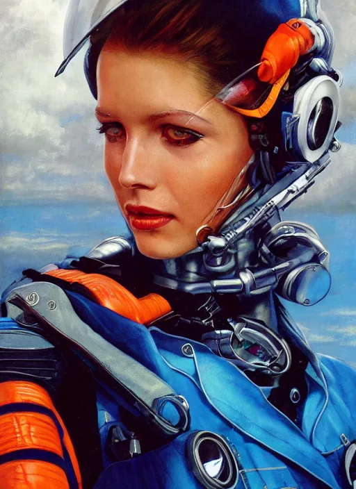 Prompt: symmetry!!! closeup portrait of a cyborg pilot girl in a cockpit, fashion racing jumpsuit with shiny shoulder pads, in clouds, cinematic light, windy, teal orange, volumetric smoke simulation! by gerald brom, by mikhail vrubel, by peter elson, muted colors, extreme detail, trending on artstation, 8 k