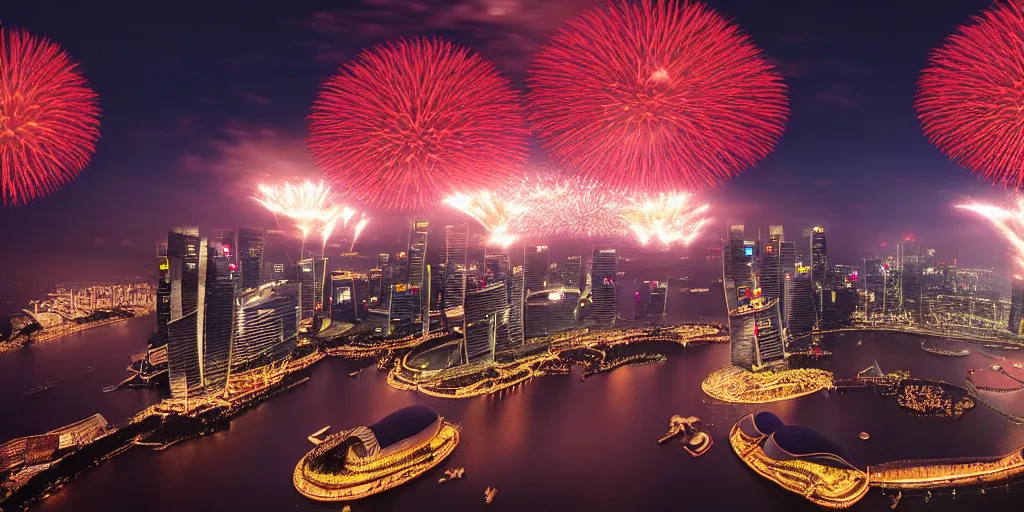 Image similar to Singapore city with a lion-shaped!!!!! cloud in the sky and fireworks in the sky, by Makato Shinkai, red and white lighting, digital art, ultra realistic, ultra detailed, photorealistic, 4k, character concept