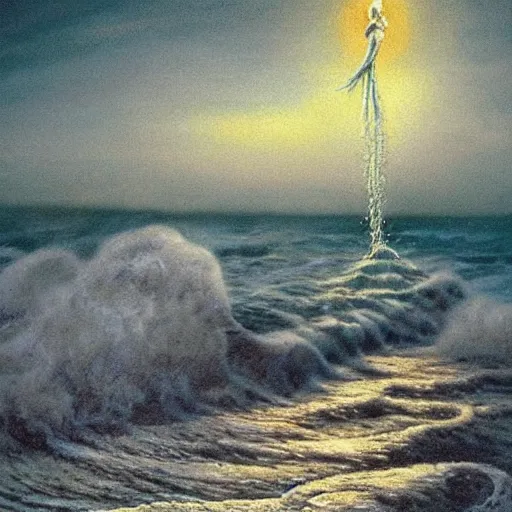 Prompt: scene from a dream. ocean. digital artwork by vincent bons, michael whelan, remedios varo and gerardo dottori. grainy and rough. interesting pastel colour palette. beautiful light. oil and water colour based on high quality render.