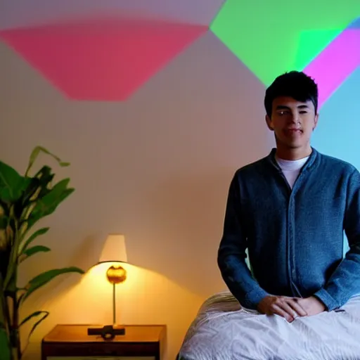 Image similar to a 2 5 year old asian daytrader standing proudly in front of triangular nanoleaf led lights on his bedroom wall