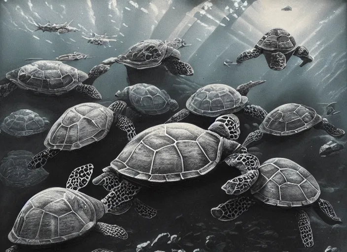 Image similar to mega turtles underwater in a ruined Atlantis art by Chesley Bonestell, cgsociety, retrofuturism, matte painting, reimagined by industrial light and magic