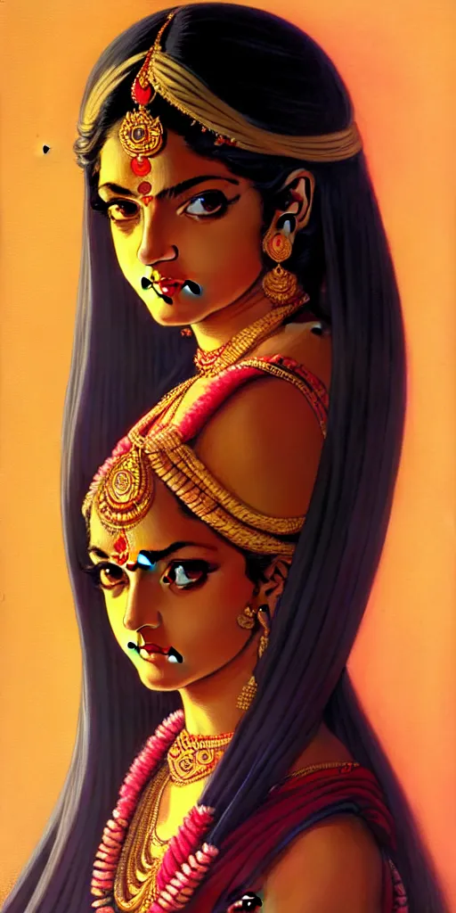 Image similar to a comic portrait of an indian goddess, fine - face, realistic shaded perfect face, fine details. night setting. very anime style. realistic shaded lighting poster by ilya kuvshinov katsuhiro, magali villeneuve, artgerm, jeremy lipkin and michael garmash, rob rey and kentaro miura style, trending on art station