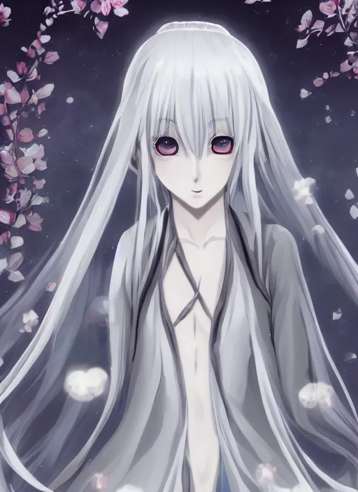 Prompt: thin anime girl with silver hair so pale and wan!, wearing robes, covered in robes, anime goddess manga, flowing hair, pale skin, young cute face, covered!!, clothed!, 4 k resolution, aesthetic!,