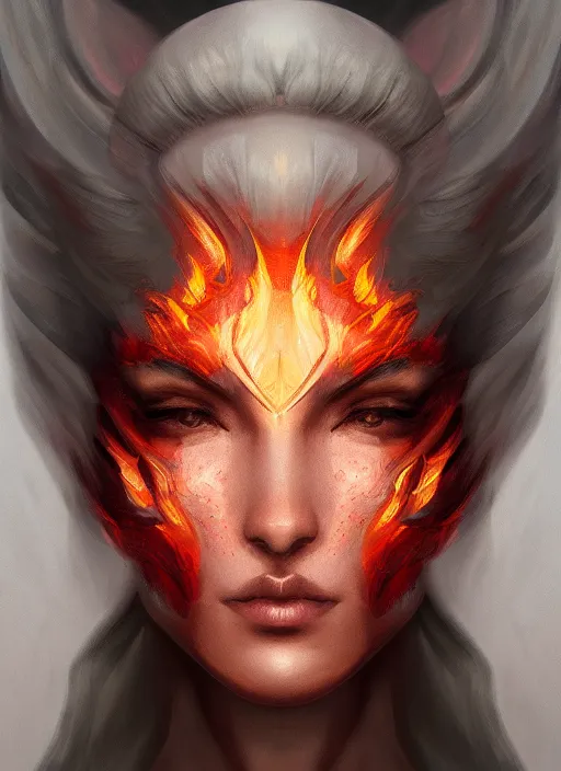 Image similar to face portrait of the empress of flames, perfect face details, symmetry, digital painting, trending on artstation and deviantart, epic composition, dynamic, highly detailed, ross draws, wlop, 8 k