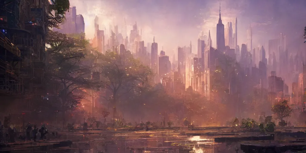 Image similar to a breathtaking fantasy solarpunk new york city, landscape illustration by greg rutkowski, bright sunlight, ethereal lighting, vivid and colorful trees and plants and flowers on buildings, smooth digital concept art, 4 k, trending on artstation