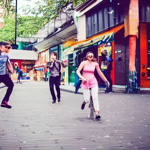 Prompt: men and women frolicking in the solarpunk utopia of the future street photography 2 3 mm