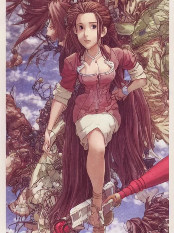 Prompt: aerith from final fantasy, a masterful and highly - skilled full color illustration by otomo katsuhiro, terada katsuya and kim jung gi!!!, realistic proportions and anatomy