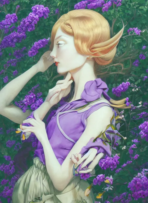 Image similar to elf girl, flower suit, soft hair. light color palate, purple, yellow and white. detailed soft painting, ayami kojima, made in abyss, anatomically correct, ilya kuvshinov, inspired in balthus, high detailed face anime, vogue magazine, glorious composition, mobile wallpaper