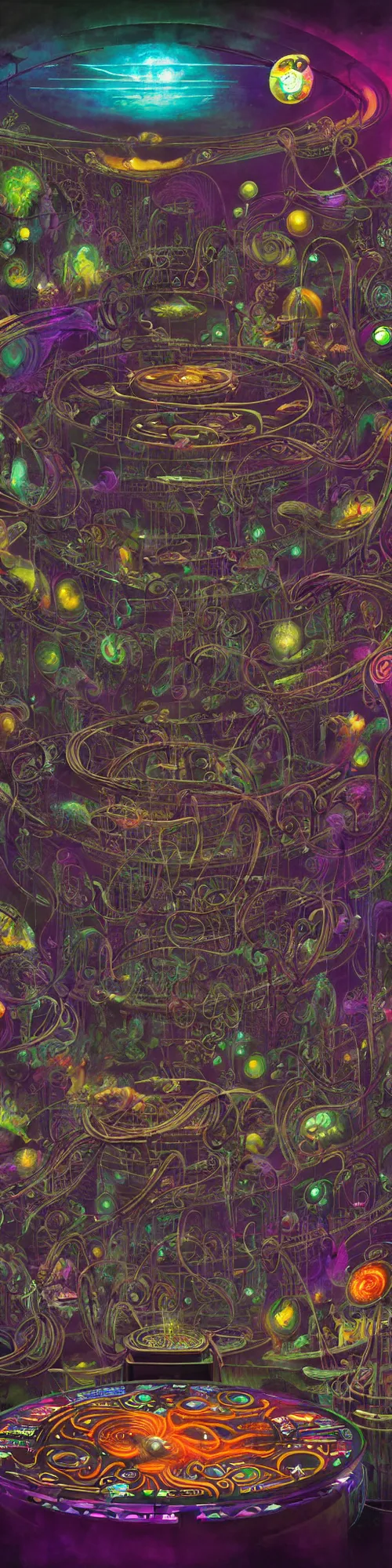 Prompt: epic mural of bio mechanical game console being made from the souls of dying star systems, zoo of alien animals floating, persian patterns, loose wires, rgb tubing ripped, greg rutkowski, basil wolverton, hr giger, cubism, muted but vibrant color pallet