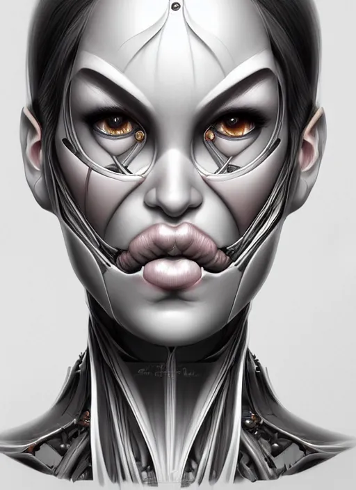 Prompt: portrait of a cybo woman by Artgerm, biomechanical, hyper detailled, trending on artstation