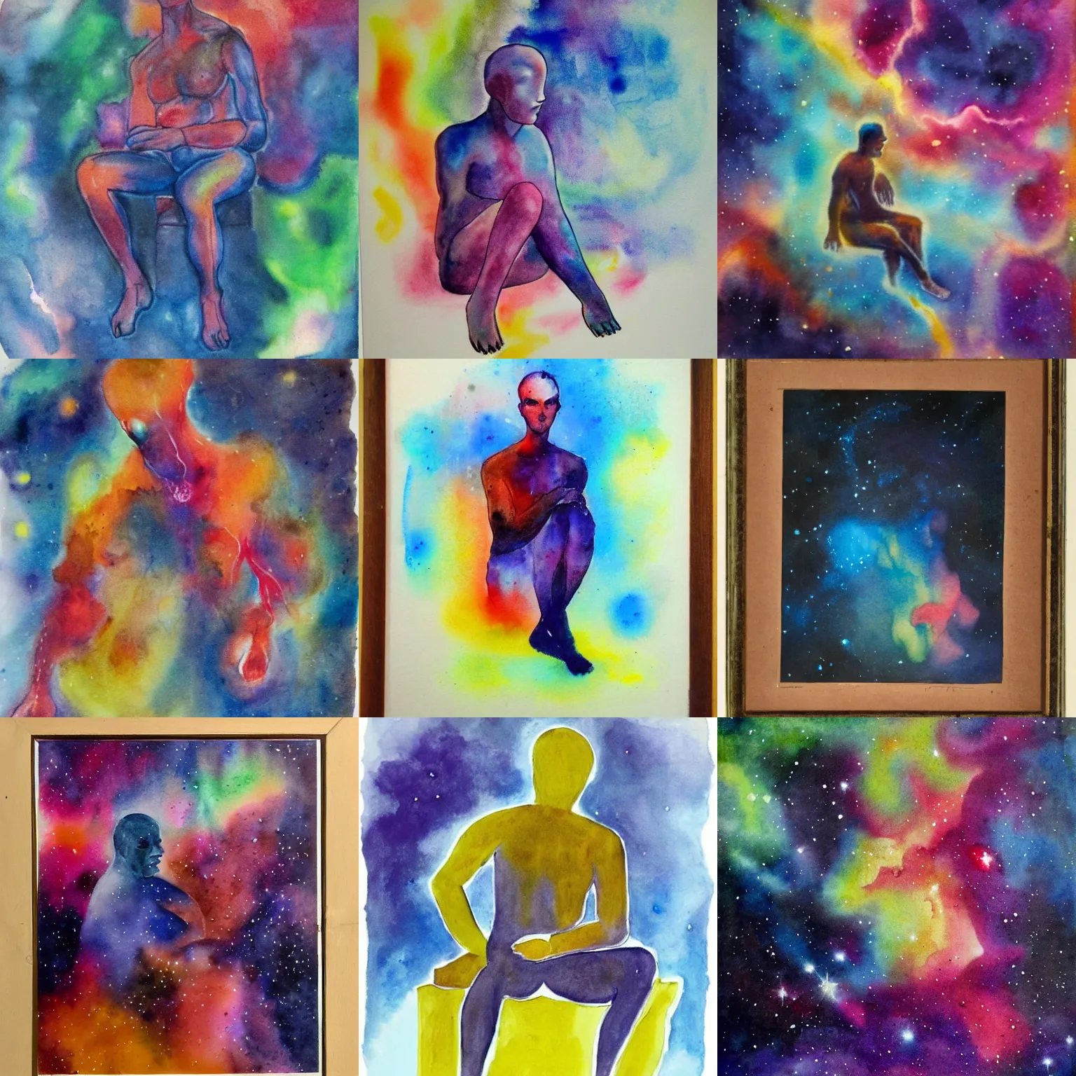 Prompt: nebula in form of a man sitting, aquarelle, colorful