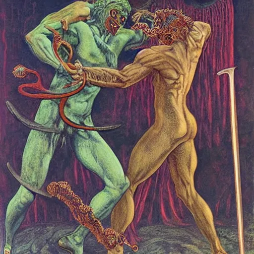 Image similar to A body art of two people, one a demon and the other a human, fighting each other with swords. winter, buff by Ernst Fuchs a e s t h e t i c