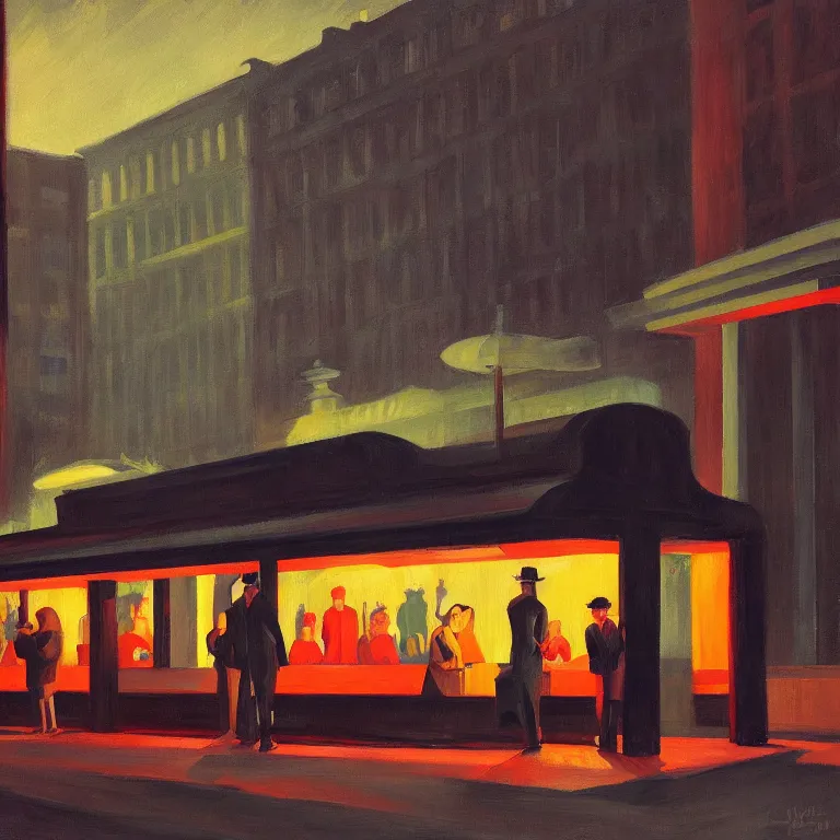 Prompt: dark city bus stop, painted by Edward Hopper and James Gilleard, oil painting