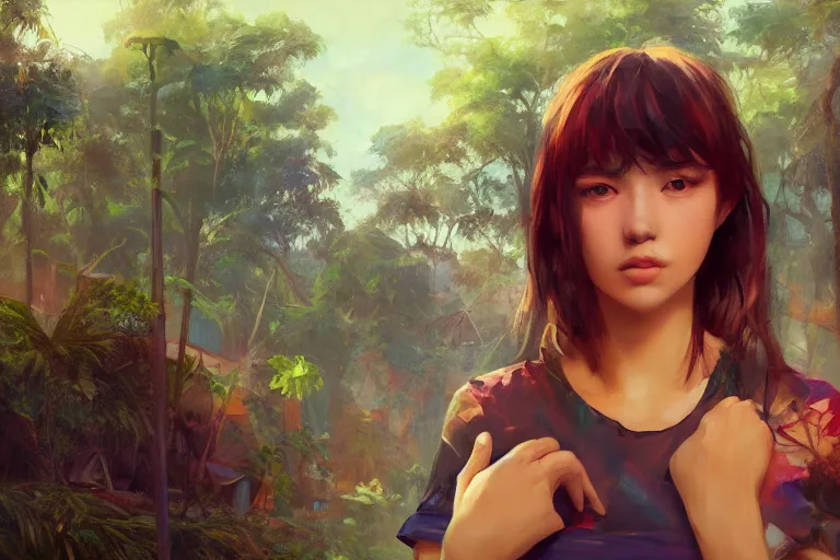 Prompt: digital art of a beautiful girl wearing a shirt standing in front of a ruined apartment complex, jungle composition, sunlit, expressive oil painting, by artgerm, by jeremy lipking, anime style, octane render, bright colors, face!!!! close - up